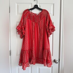 Flirty Red Patterned Midi Dress with Ruffle Sleeves